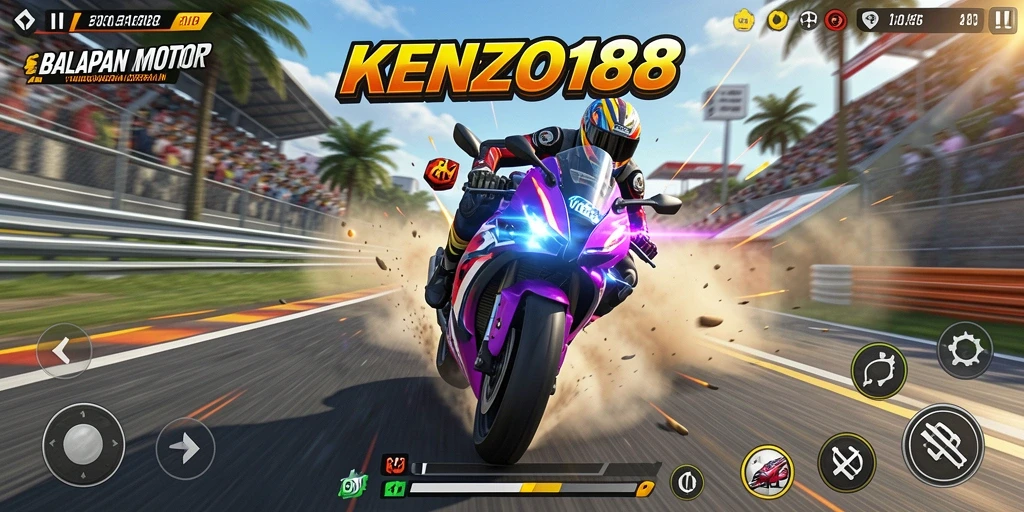 Tampilan gameplay seru KENZO188 dengan balapan motor yang mendebarkan.