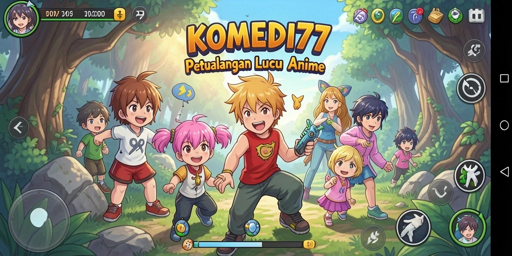 Screenshot gameplay KOMEDI77 menampilkan karakter anime lucu beraksi.