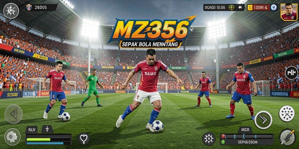 Screenshot gameplay MZ356 menunjukkan aksi seru di lapangan sepak bola.