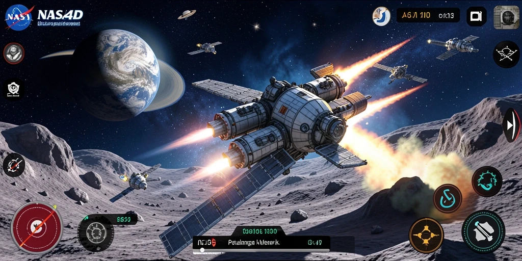 Screenshot gameplay NASA4D menunjukkan aksi mendebarkan di luar angkasa.