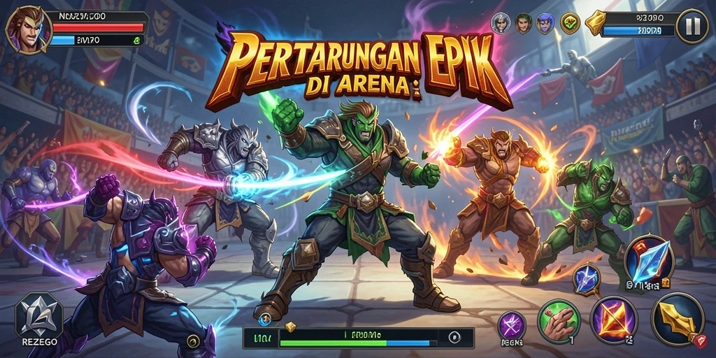 Tampilan pertarungan seru antara karakter di arena REZEGO.