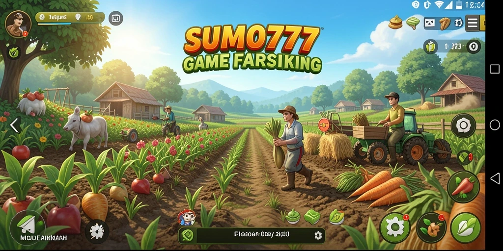 Screenshot gameplay SUMO777 menunjukkan aktivitas bertani yang menarik.